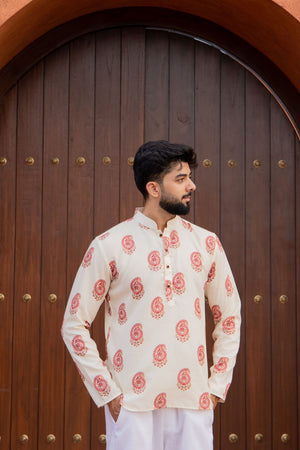 Mens Cream Printed Linen Short Kurta (ACB2345)