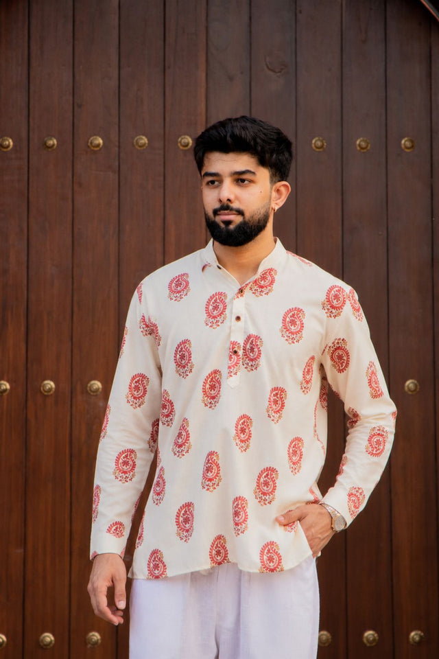 Mens Cream Printed Linen Short Kurta (ACB2345)