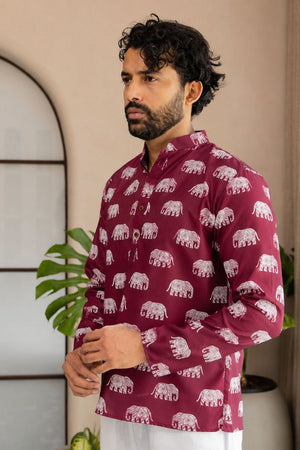 Mens Pink Printed Linen Short Kurta (ACB2346)