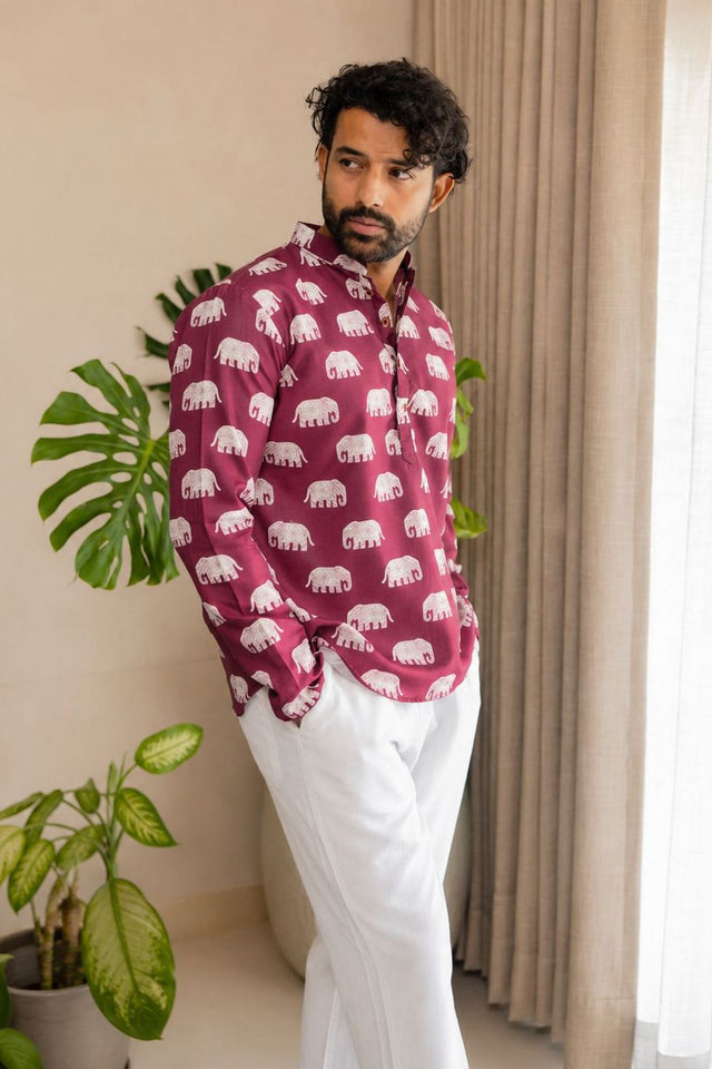 Mens Pink Printed Linen Short Kurta (ACB2346)