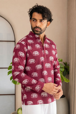 Mens Pink Printed Linen Short Kurta (ACB2346)
