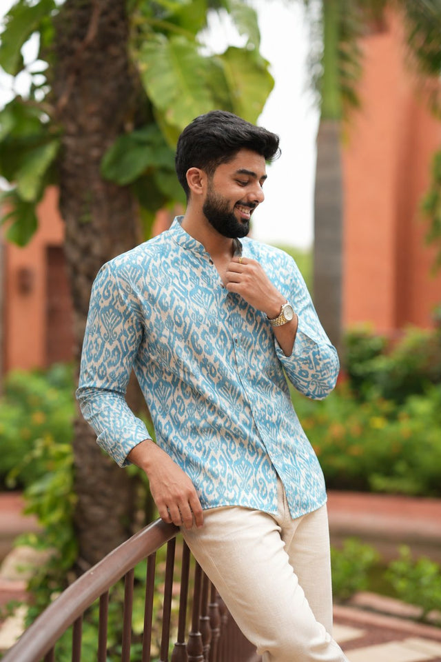 Mens Green Printed Linen Short Kurta (ACB2347)