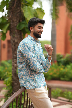 Mens Green Printed Linen Short Kurta (ACB2347)