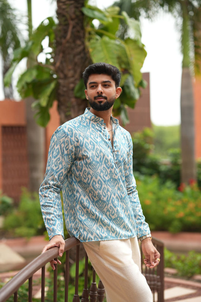 Mens Green Printed Linen Short Kurta (ACB2347)