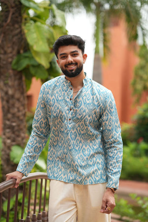Mens Green Printed Linen Short Kurta (ACB2347)