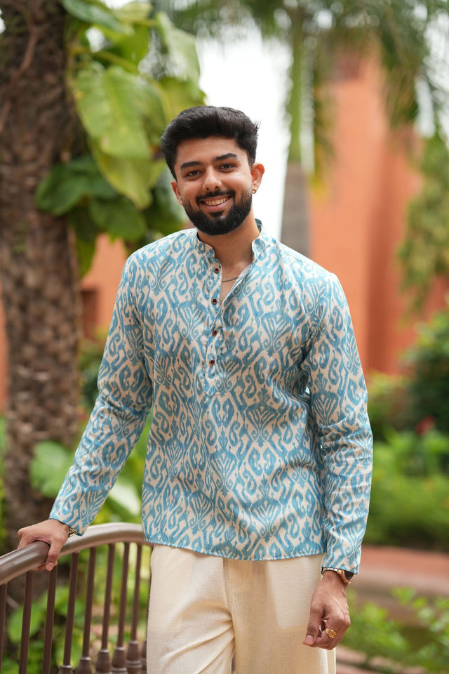 Mens Green Printed Linen Short Kurta (ACB2347)