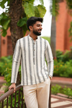 Mens Off White Printed Linen Short Kurta (ACB2348)
