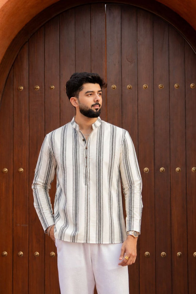 Mens Off White Printed Linen Short Kurta (ACB2348)
