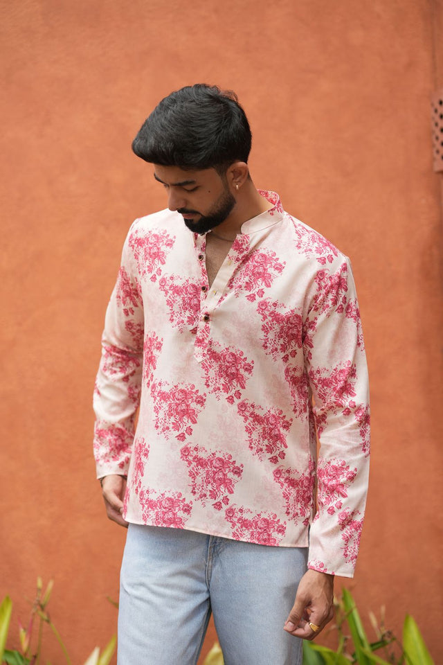 Mens Pink Printed Linen Short Kurta (ACB2349)