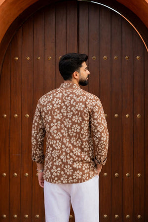 Mens Brown Printed Linen Short Kurta (ACB2350)