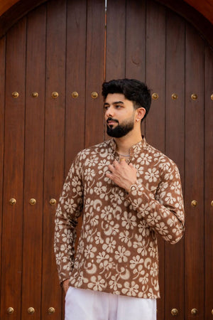 Mens Brown Printed Linen Short Kurta (ACB2350)