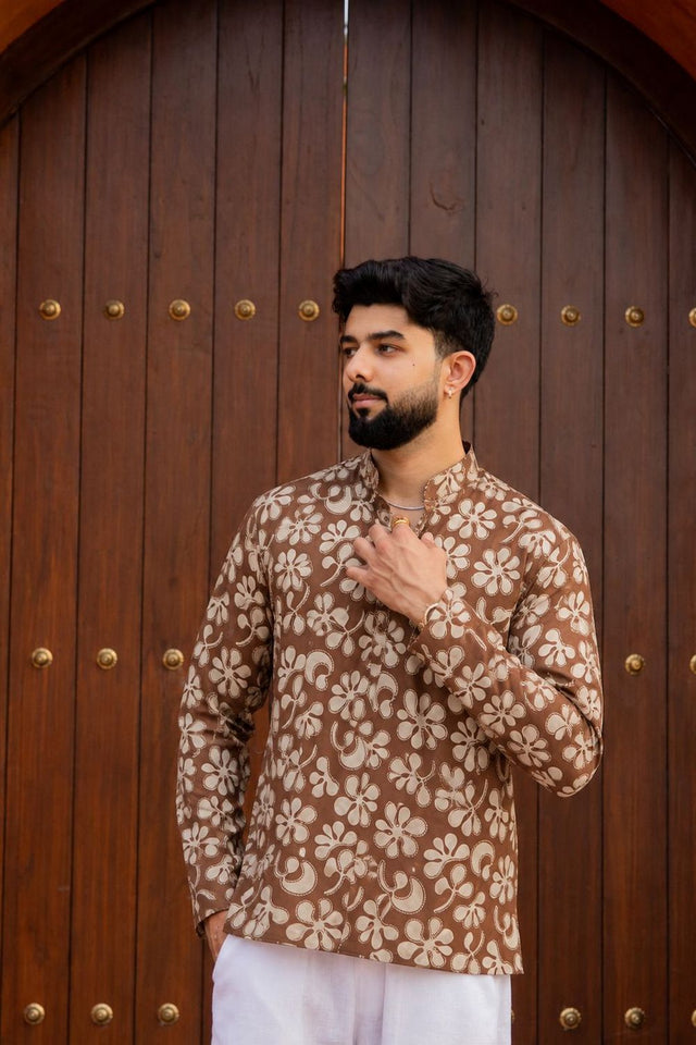 Mens Brown Printed Linen Short Kurta (ACB2350)