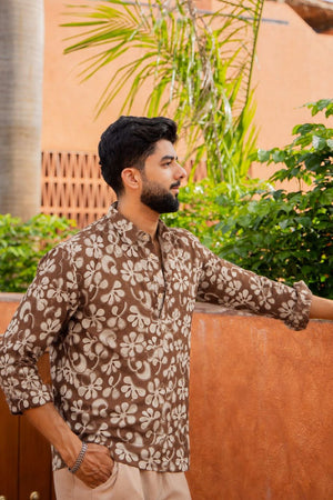 Mens Brown Printed Linen Short Kurta (ACB2350)