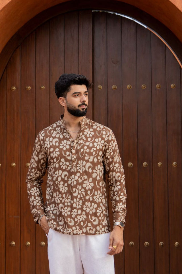 Mens Brown Printed Linen Short Kurta (ACB2350)