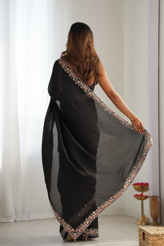Black Solid with Floral Embroidered Border Silk Saree (ACB2357)