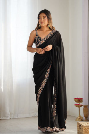 Black Solid with Floral Embroidered Border Silk Saree (ACB2357)