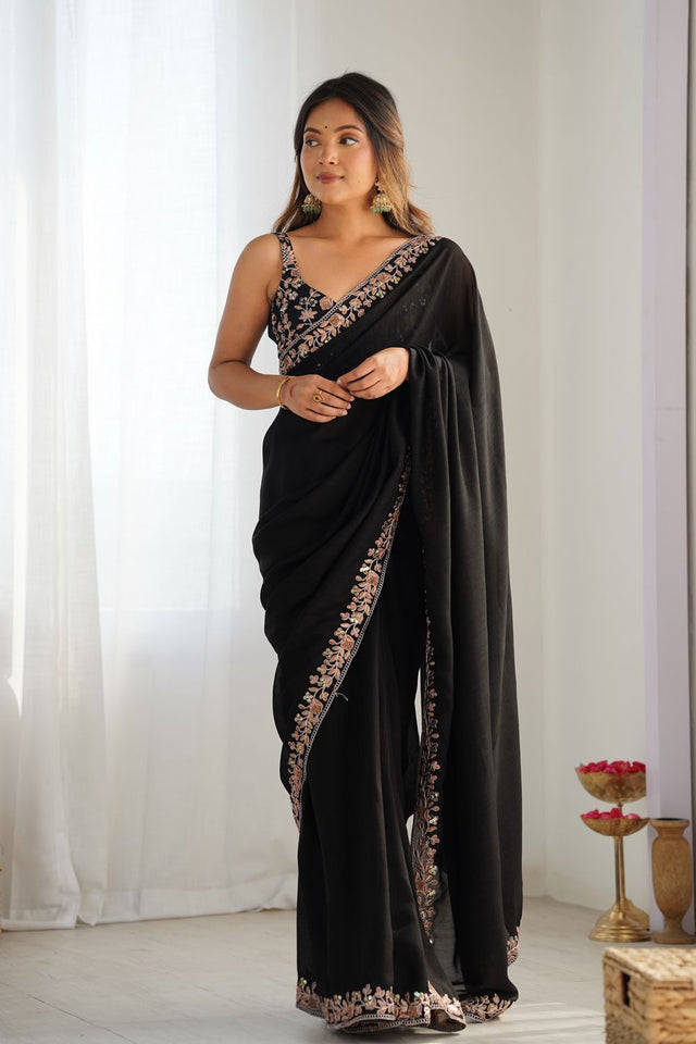 Black Solid with Floral Embroidered Border Silk Saree (ACB2357)