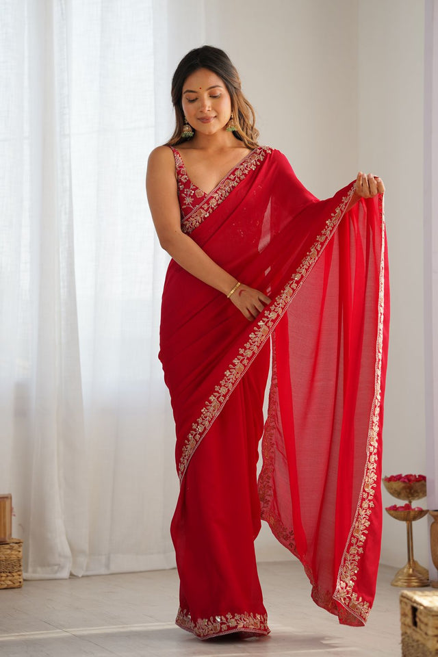 Pink Solid with Floral Embroidered Border Silk Saree (ACB2358)