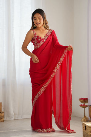 Pink Solid with Floral Embroidered Border Silk Saree (ACB2358)