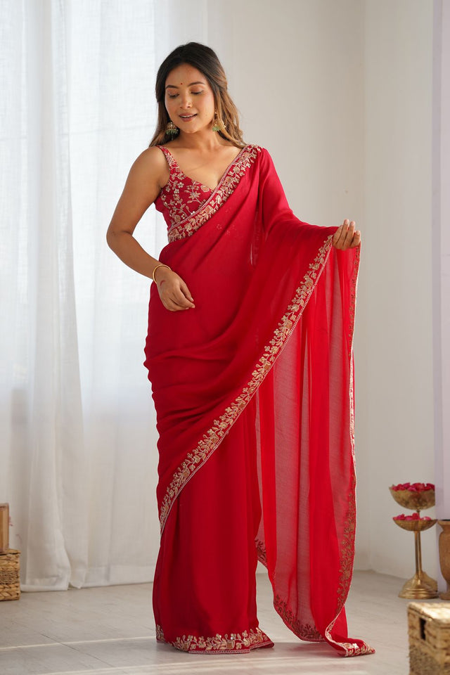 Pink Solid with Floral Embroidered Border Silk Saree (ACB2358)