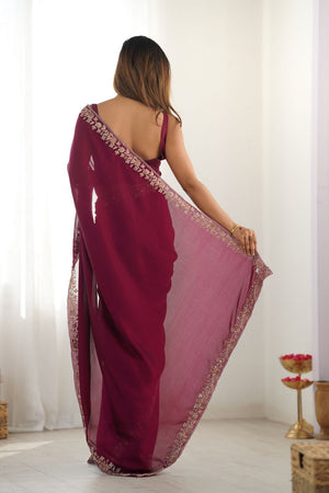 Wine Solid with Floral Embroidered Border Silk Saree (ACB2359)
