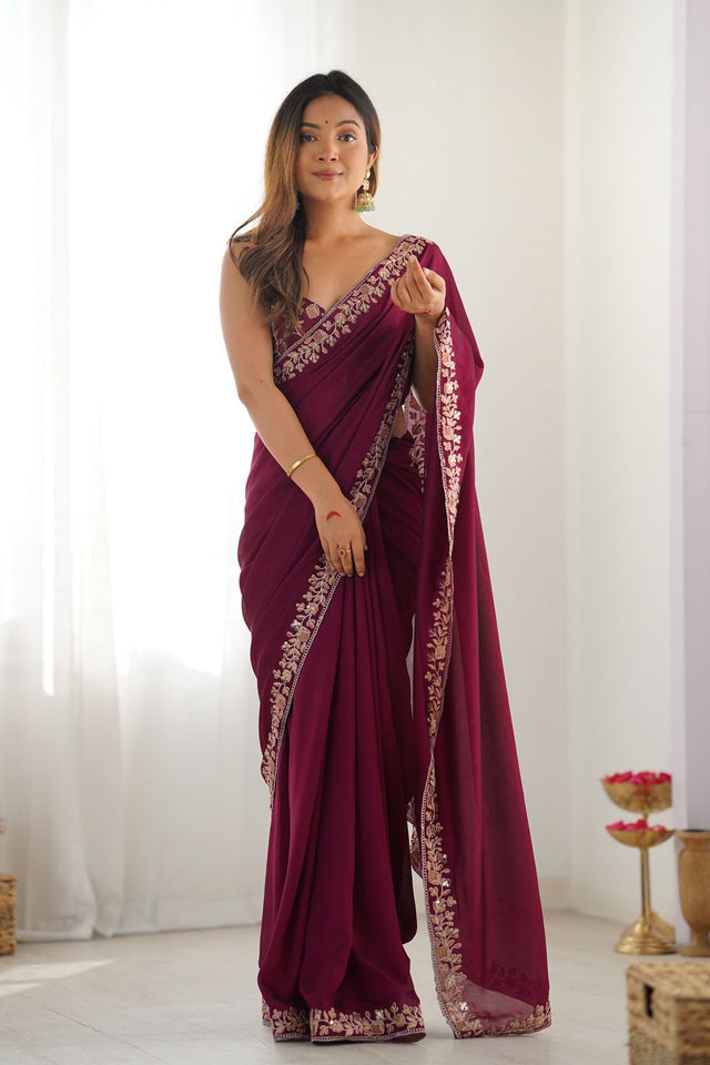 Wine Solid with Floral Embroidered Border Silk Saree (ACB2359)
