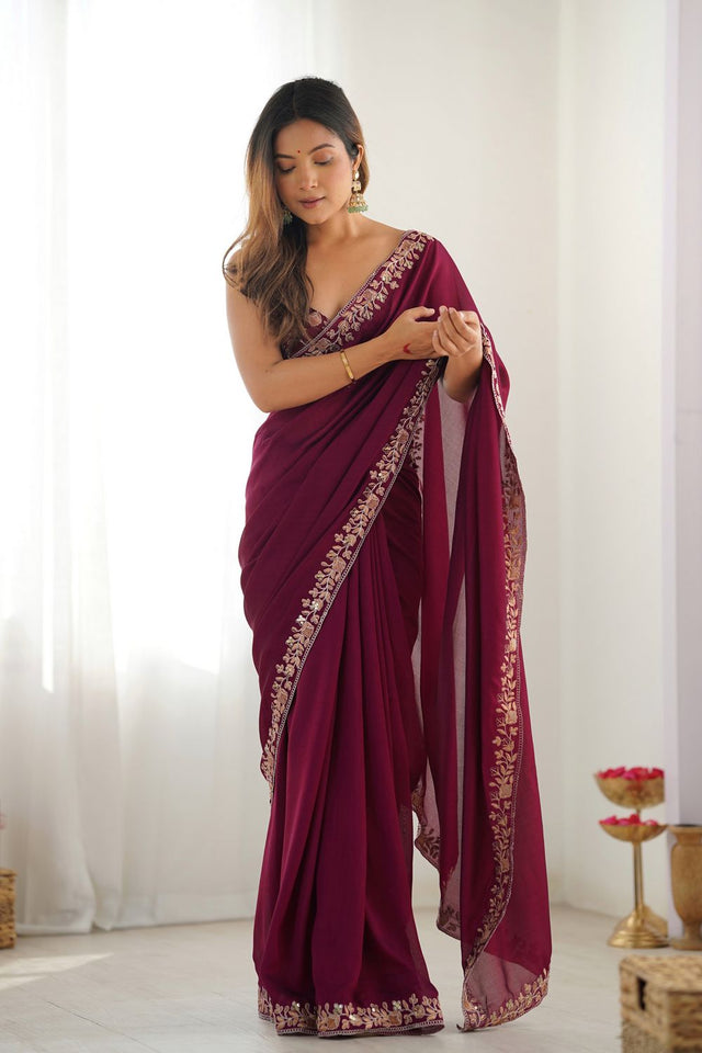 Wine Solid with Floral Embroidered Border Silk Saree (ACB2359)