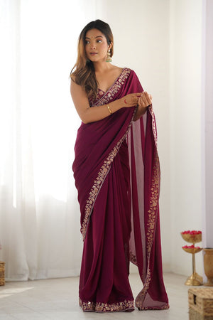 Wine Solid with Floral Embroidered Border Silk Saree (ACB2359)
