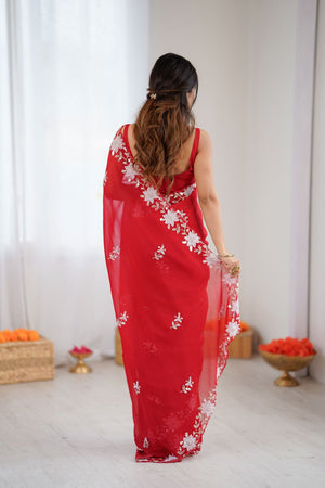 Red Beads Embossed Satin Saree (ACB2360)