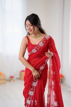 Red Beads Embossed Satin Saree (ACB2360)