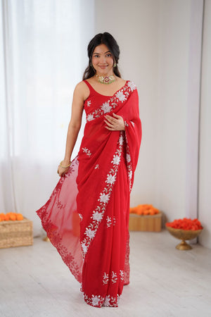 Red Beads Embossed Satin Saree (ACB2360)
