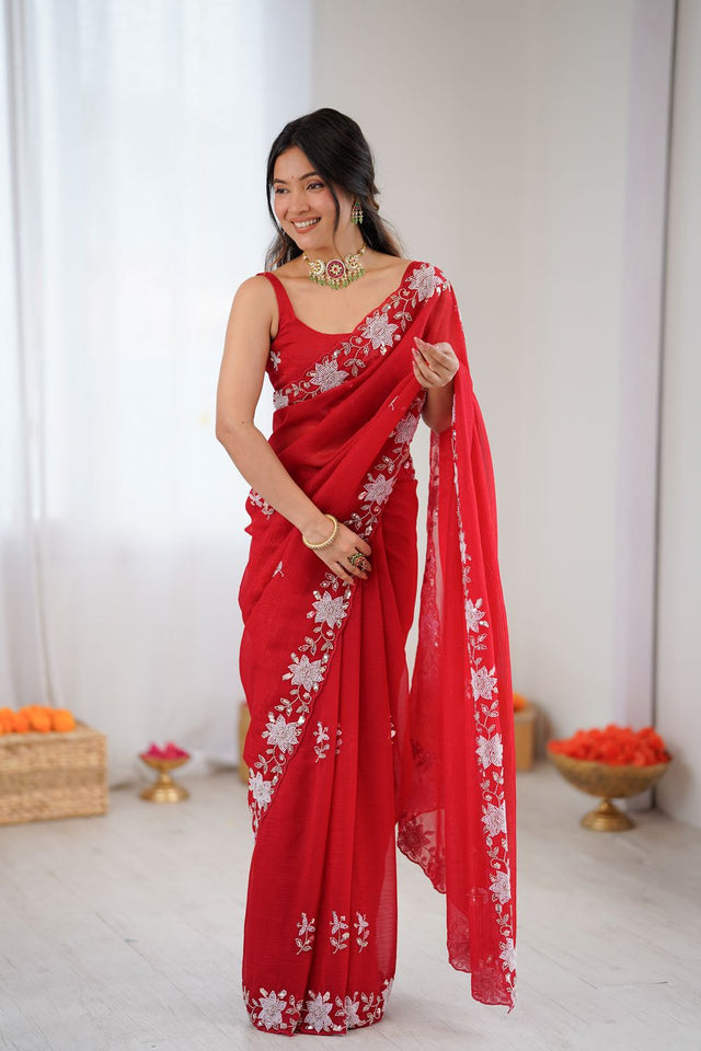 Red Beads Embossed Satin Saree (ACB2360)