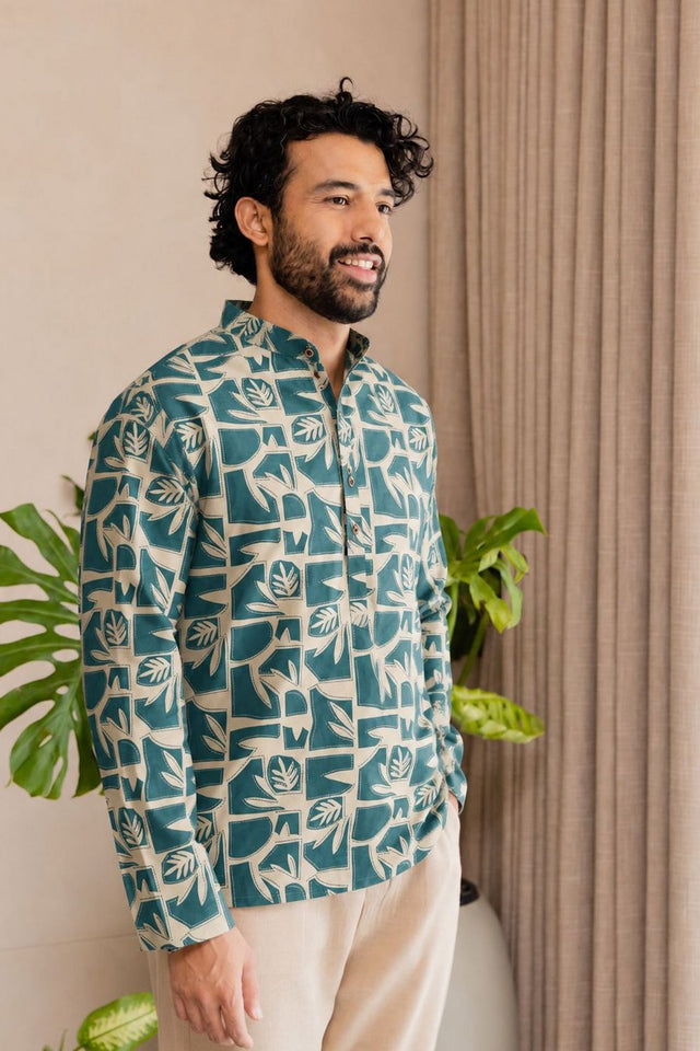 Mens Blue Printed Linen Short Kurta (ACB2367)