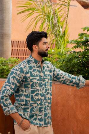 Mens Blue Printed Linen Short Kurta (ACB2367)