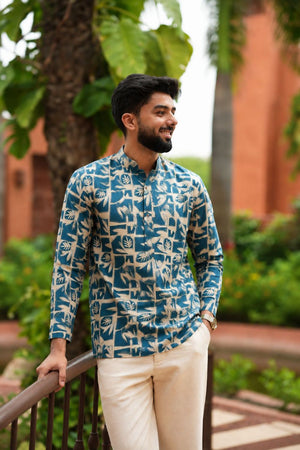 Mens Blue Printed Linen Short Kurta (ACB2367)