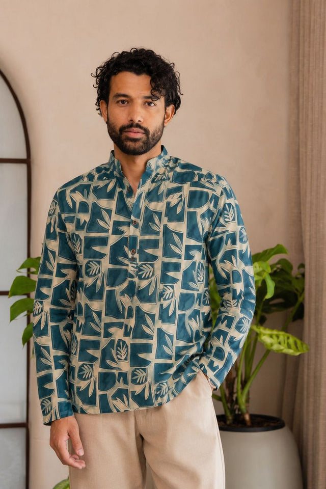 Mens Blue Printed Linen Short Kurta (ACB2367)