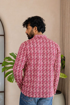 Mens Pink Printed Linen Short Kurta (ACB2368)
