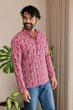 Mens Pink Printed Linen Short Kurta (ACB2368)