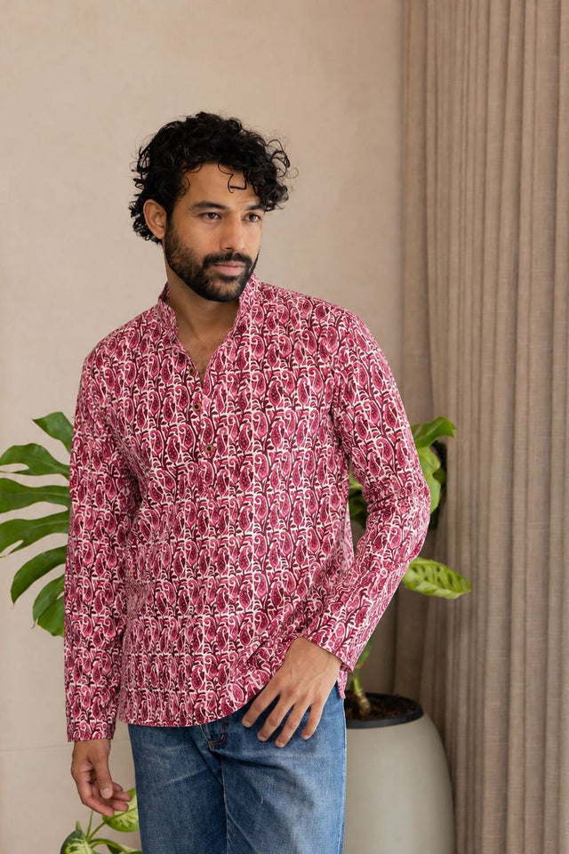 Mens Pink Printed Linen Short Kurta (ACB2368)