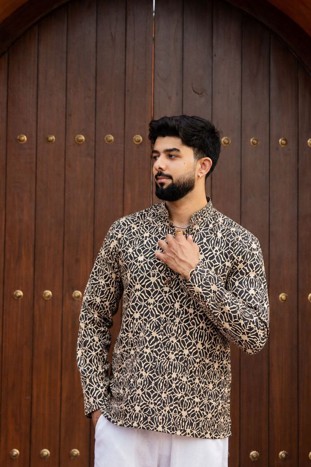 Mens Black Printed Linen Short Kurta (ACB2369)