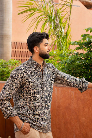 Mens Black Printed Linen Short Kurta (ACB2369)
