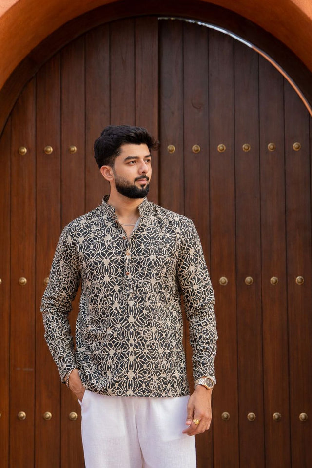 Mens Black Printed Linen Short Kurta (ACB2369)
