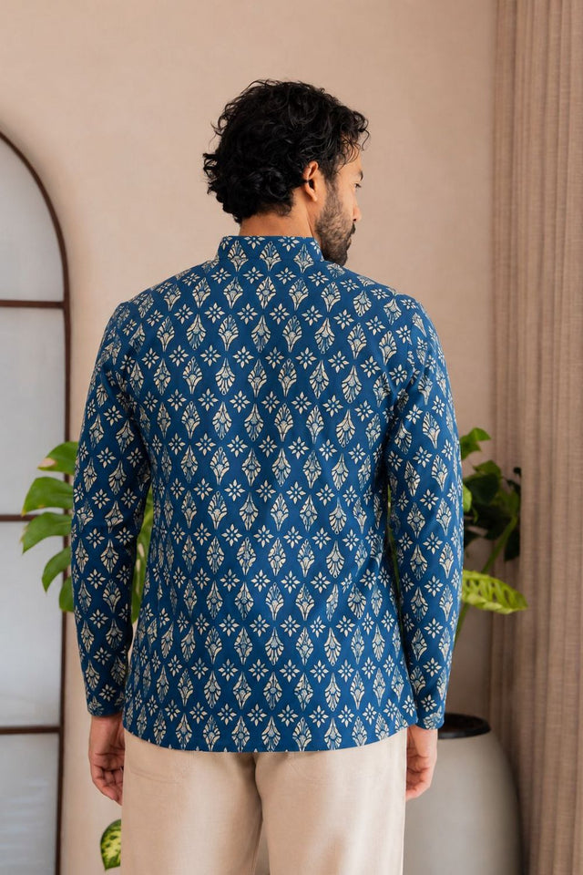 Mens Blue Printed Linen Short Kurta (ACB2370)
