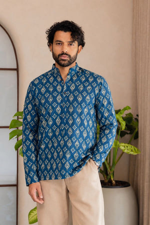 Mens Blue Printed Linen Short Kurta (ACB2370)