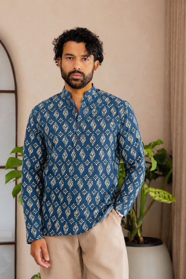 Mens Blue Printed Linen Short Kurta (ACB2370)