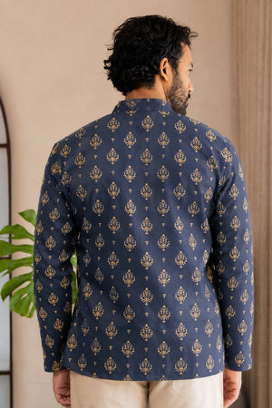 Mens Navy Blue Printed Linen Short Kurta (ACB2371)