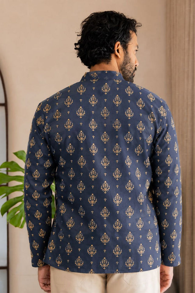 Mens Navy Blue Printed Linen Short Kurta (ACB2371)