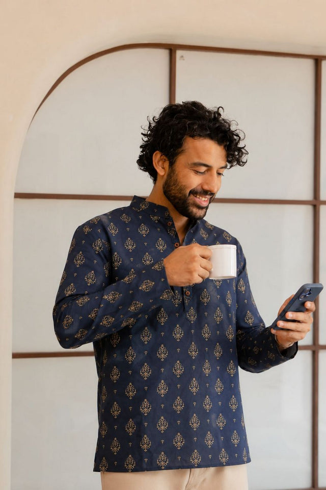 Mens Navy Blue Printed Linen Short Kurta (ACB2371)