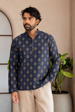 Mens Navy Blue Printed Linen Short Kurta (ACB2371)