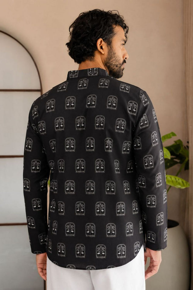 Mens Black Printed Linen Short Kurta (ACB2372)